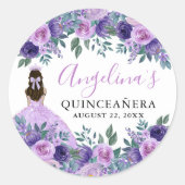 Sticker Rond Quinceanera Florale Violette Élégante (Devant)