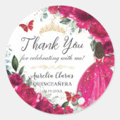 Sticker Rond Quinceañera Fuchsia Rose Floral Princesse Gown Or (Devant)