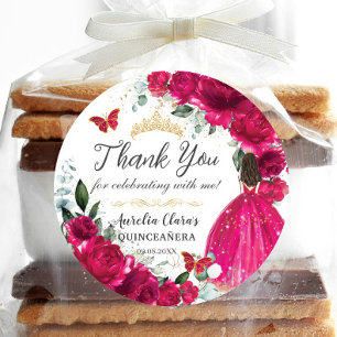 Sticker Rond Quinceañera Fuchsia Rose Floral Princesse Gown Or