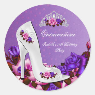 Sticker Rond Quinceanera Jolie Princesse Roses Roses Violettes 