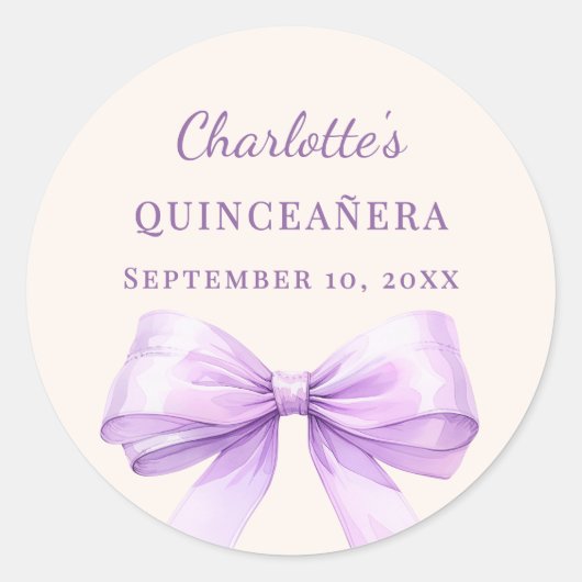 Sticker Rond Quinceanera lavender bow ivory (Devant)