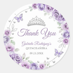 Sticker Rond Quinceanera Lilas Violet Argent Floral