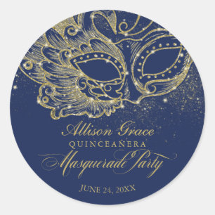 Sticker Rond Quinceanera Masquerade Party Gold Blue