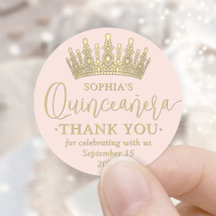 Sticker Rond Quinceañera Merci Chic Blush Pink & Gold Crown