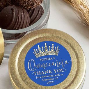 Sticker Rond Quinceañera Merci Chic Royal Blue & Gold Crown