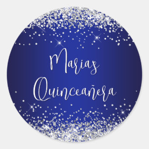 Sticker Rond Quinceañera Paillettes Argent Bleu Royal Marine Dé