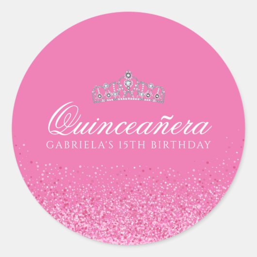 Sticker Rond Quinceanera Parties scintillant rose (Devant)
