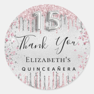 Sticker Rond Quinceanera parties scintillant rose argent goutte
