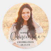 Sticker Rond Quinceañera Photo et moderne script noir tendance (Devant)