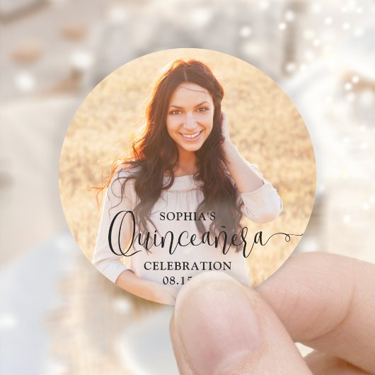 Sticker Rond Quinceañera Photo et moderne script noir tendance