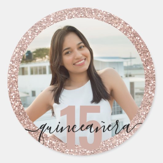 Sticker Rond Quinceanera Photo Parties scintillant rose 15e ann (Devant)
