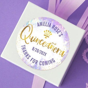 Sticker Rond Quinceañera Purple Aquarelle Or Huile Élégante