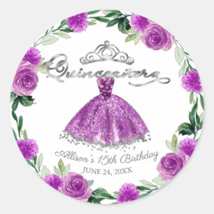 Sticker Rond Quinceanera Purple Argent Gown Floral