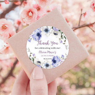 Sticker Rond Quinceañera Purple Lilac Floral Tiara Papillons