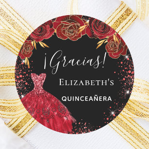 Sticker Rond Quinceanera robe rouge noir fleurs gracias