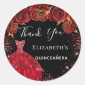 Sticker Rond Quinceanera robe rouge noir flores Merci (Devant)