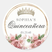 Sticker Rond Quinceañera Rose Couronne Anniversaire Faveurs (Devant)