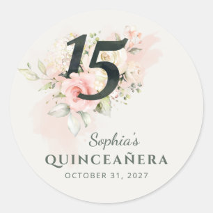 Sticker Rond Quinceanera rose Floral Rustique Blush 15e anniver