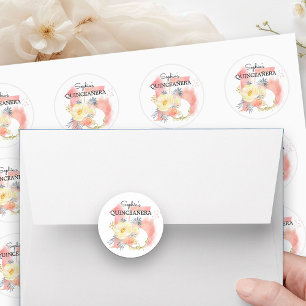 Sticker Rond Quinceanera Rose Pâle Aquarelle Florale 15 Sur mes