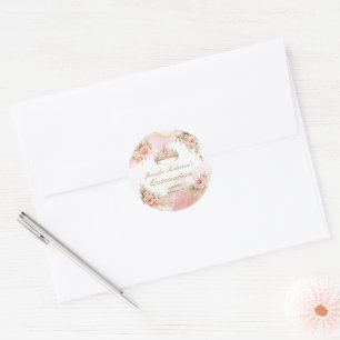 Sticker Rond Quinceañera Rose Pâle Floral Or