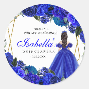 Sticker Rond Quinceanera Royal Blue et Gold Floral