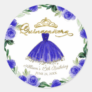 Sticker Rond Quinceanera Royal Blue Gown Floral