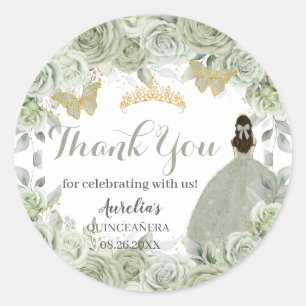 Sticker Rond Quinceañera Sage Green Floral Princess Papillons