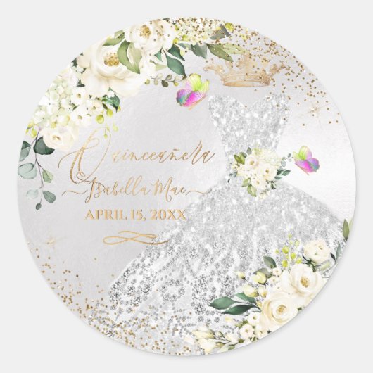Sticker Rond Quinceanera Silver Gown Gold Parties scintillant C (Devant)