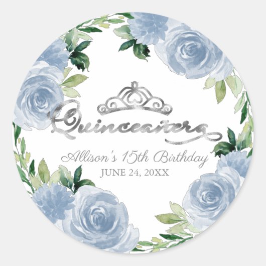 Sticker Rond Quinceanera Silver Tiara Bleu clair Floral (Devant)