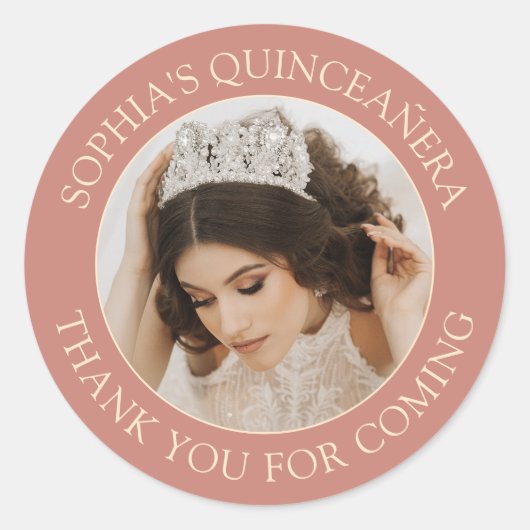 Sticker Rond Quinceañera Simple Photo Rose or rose Merci (Devant)