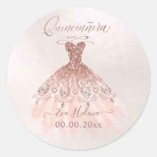 Sticker Rond Quinceañera, Sparkle Gown, Faux Rose Gold