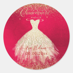 Sticker Rond Quinceañera, Sparkle+Shimmering Gown, Faux Gold
