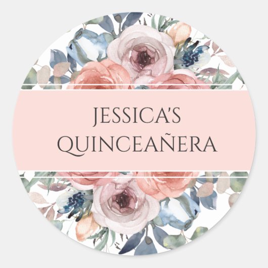 Sticker Rond Quinceañera, Timbre/Enveloppe Florale Enchantée/Fa (Devant)