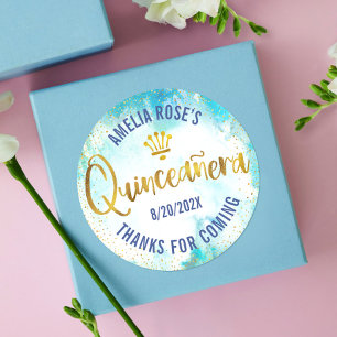 Sticker Rond Quinceañera Turquoise Bleu Or Feuille Aquarelle