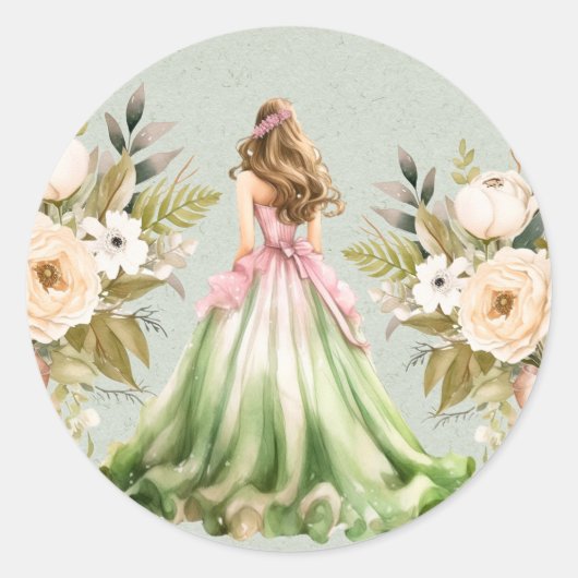 Sticker Rond Quinceanera verte et rose fête d'anniversaire (Devant)