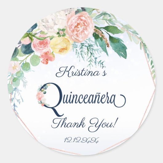 Sticker Rond Quinceanera vintage rose florale Merci (Devant)