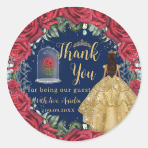 Sticker Rond Quinceanera XV Rouge Floral Rose Enchantée Princes