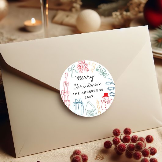Sticker Rond Quirky Colorful Christmas Hand drawn Doodle