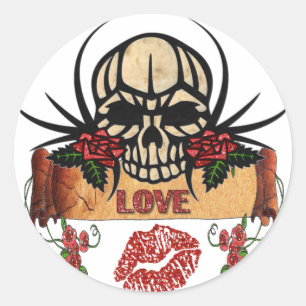 Sticker Rond RAB Rockabilly Crâne Roses Love Lipstick