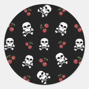 Sticker Rond RAB Rockabilly Skuls et Cerises sur Noir
