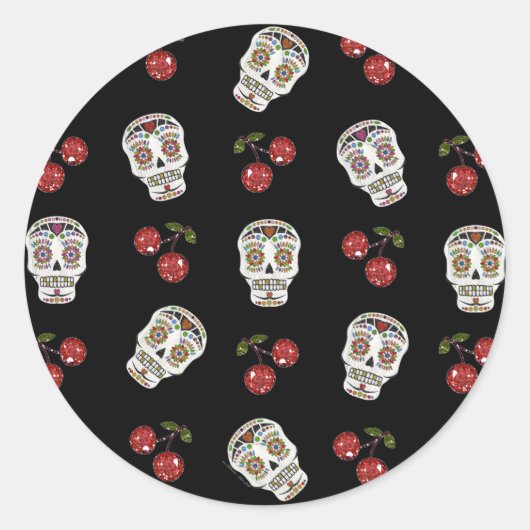 Sticker Rond RAB Rockabilly Sugar Skulls Cherries On Black (Devant)