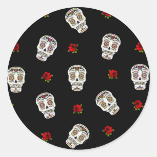 Sticker Rond RAB Rockabilly Sugar Skulls Roses On Black