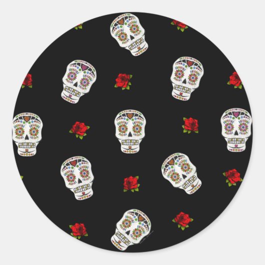 Sticker Rond RAB Rockabilly Sugar Skulls Roses On Black (Devant)