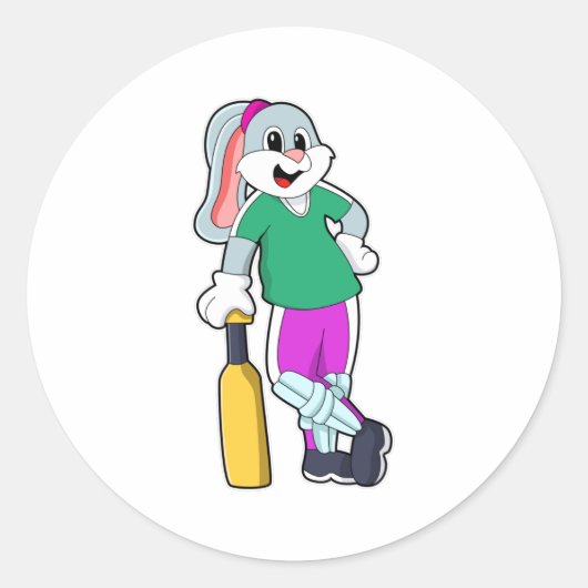Sticker Rond Rabbit au cricket avec chauve-souris de cricket (Devant)