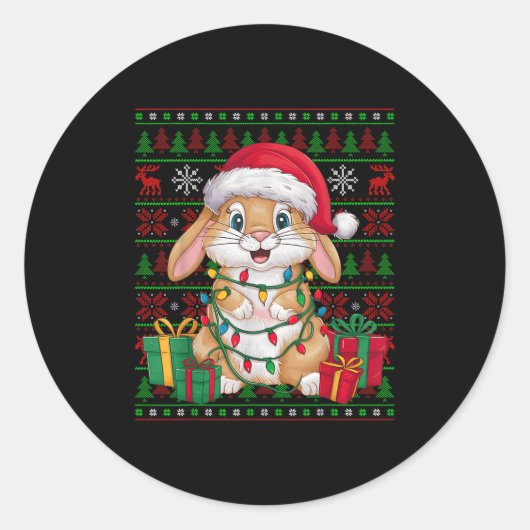 Sticker Rond Rabbit Bunny Xmas Lights Ugly Santa Hat Bunny Chri (Devant)