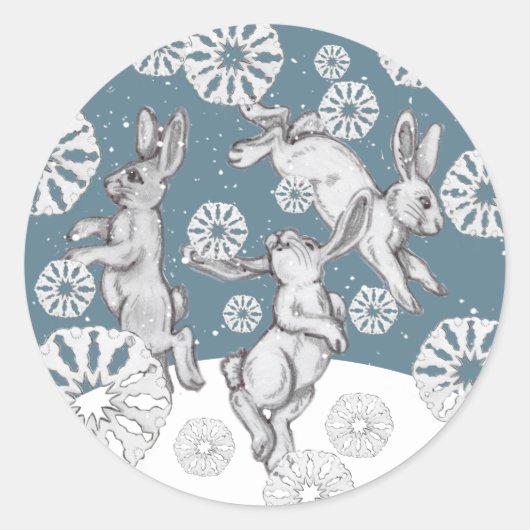 Sticker Rond Rabbit & Snowflakes Fun Blue Winter Christmas Art (Devant)