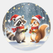 Sticker Rond Raccoon et écureuil suspendus lumières de Noël (Devant)