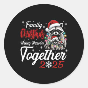 Sticker Rond Raccoon Famille Noël Faire des souvenirs ensemble