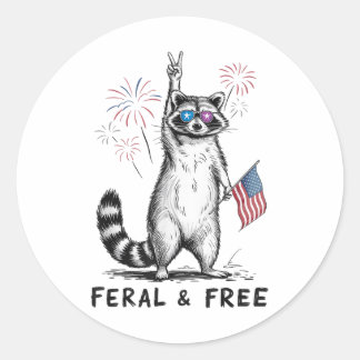 Sticker Rond Raccoon Feral Et Free 4 juillet Américain Pr