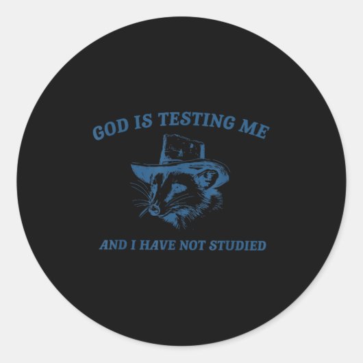Sticker Rond Raccoon God Is Testing Me And I Have Not Studied  (Devant)